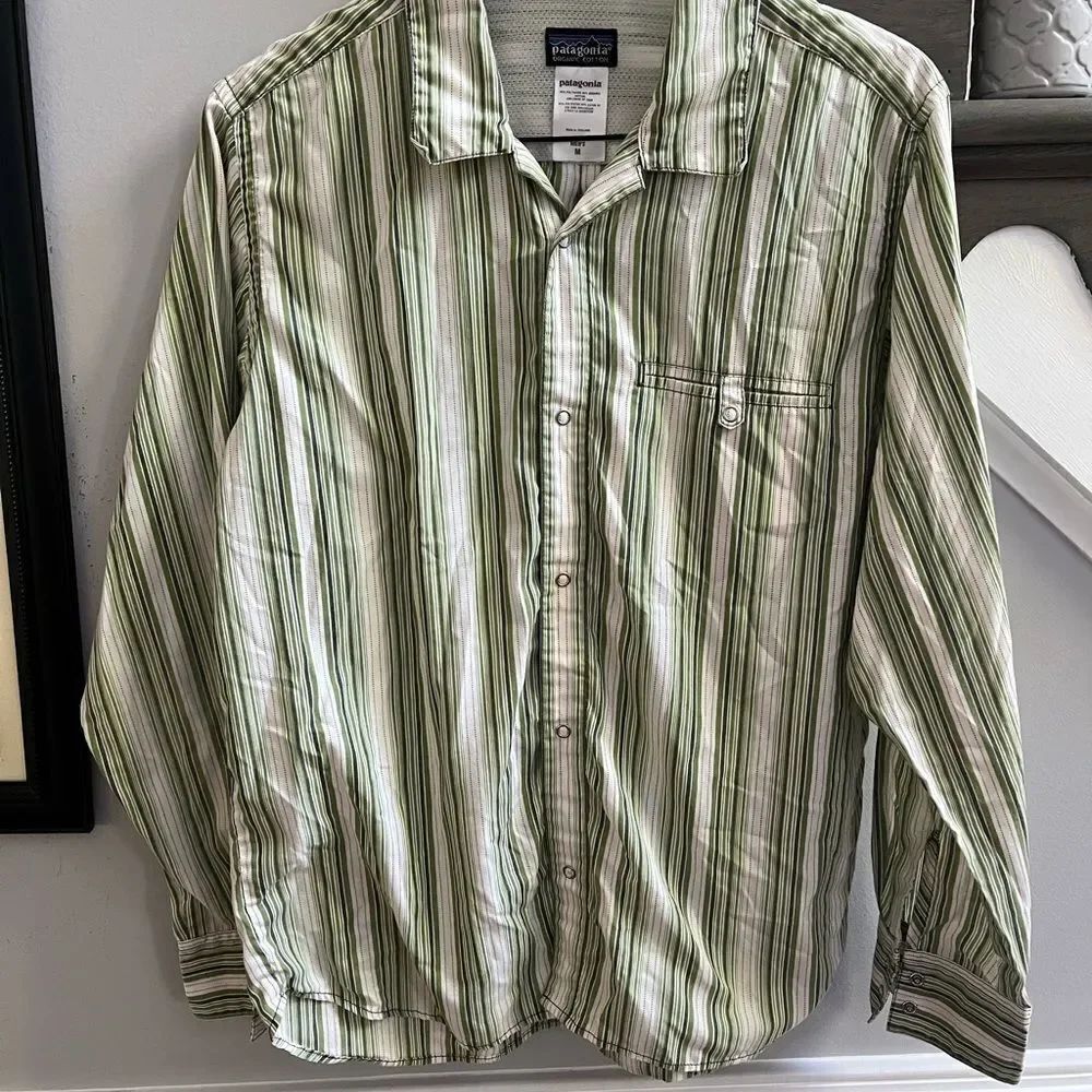Patagonia Green Striped Cotton Snap Down Shirt sz M